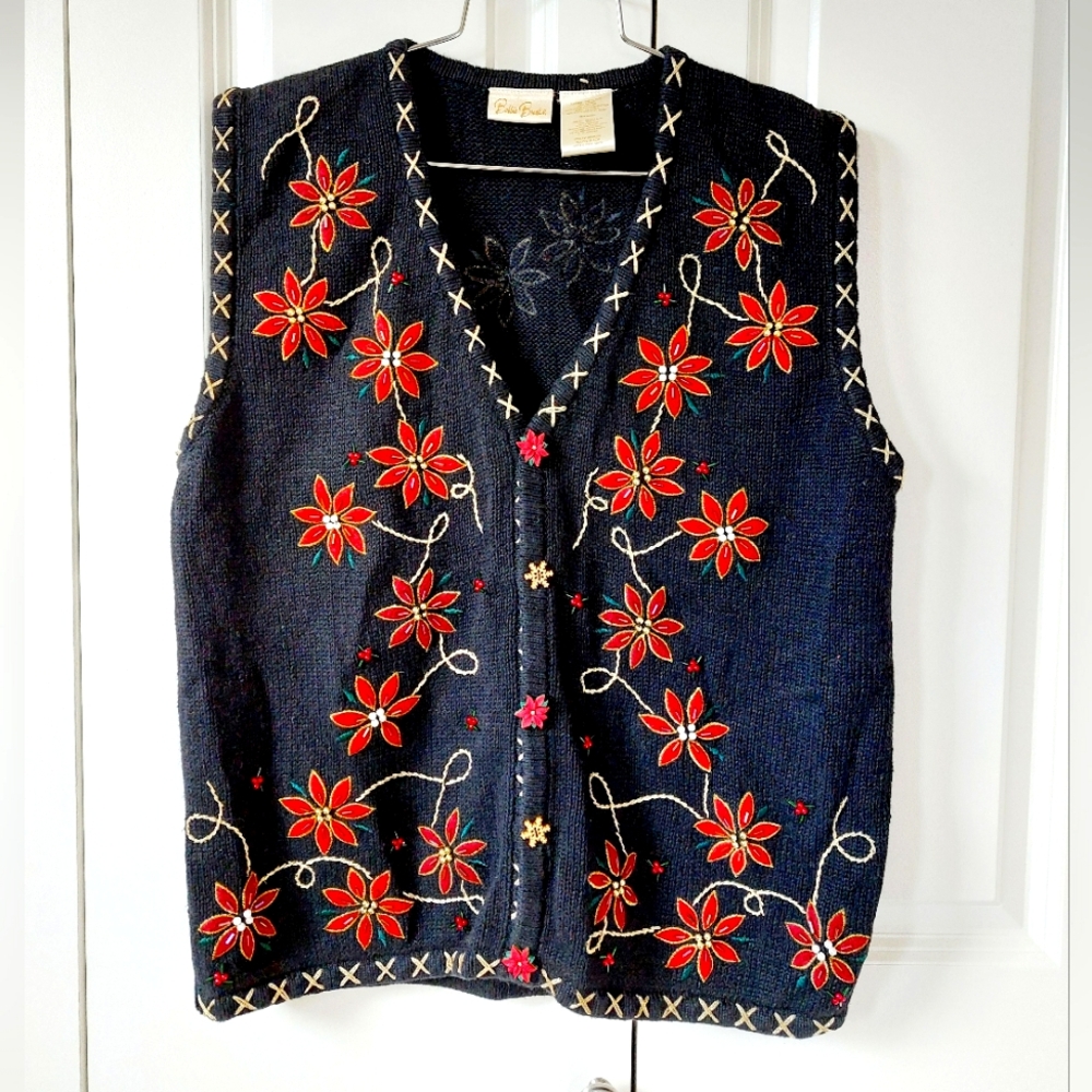 Poinsettia Christmas Vest size‎ Small Beaded & Embroidered Holiday Bobbie Brooks